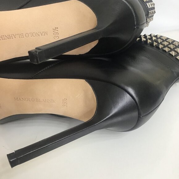 Manolo Blahnik Ankle Boot High Heel Pointed Toe Black Leather Silver Rock Studs - Picture 12 of 12